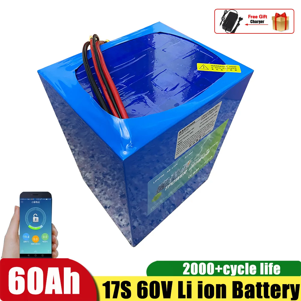 

17S 60V 60Ah Lithium Ion Battery With BMS Bluetooth for 2500W 3000W Electric Tricycle Scooter Motorcycle +10A Charger