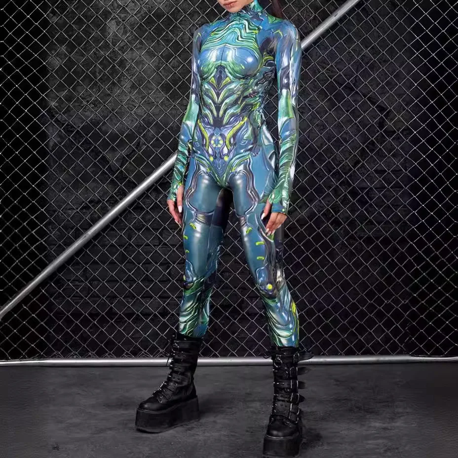 Women Bodysuit Cosplay Fashion 3D Printing Zentai Skinny Long Sleeve Slim Elastic Jumpsuit Outfit Halloween Catsuit for Adult
