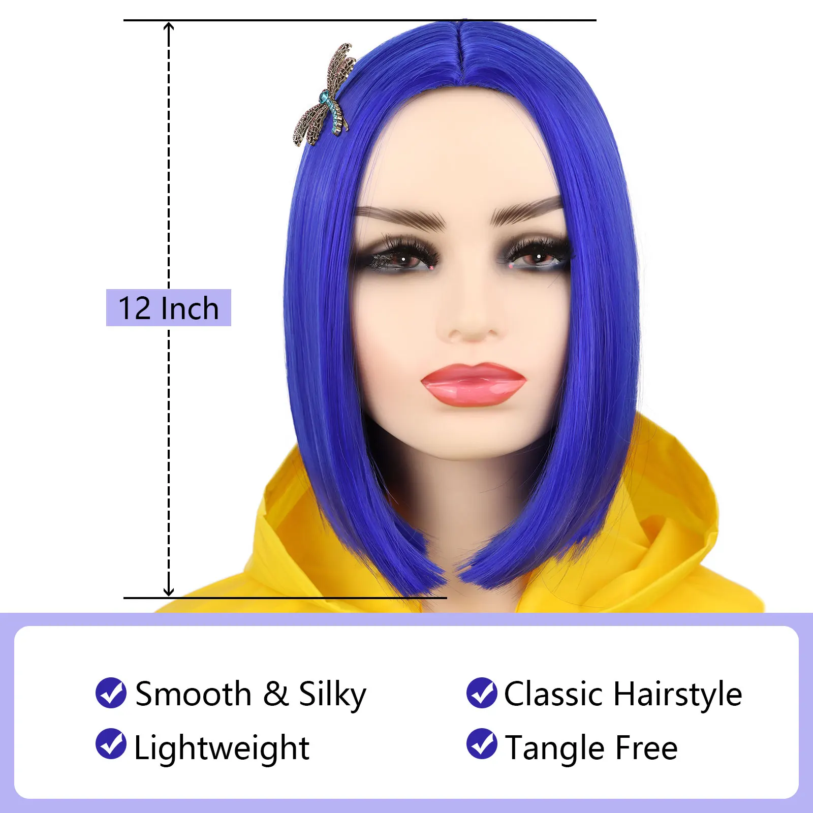 Synthetic Coraline Blue Wig Short Straight Bob Wig Heat Resistant Synthetic Wigs for Halloween Cosplay Party