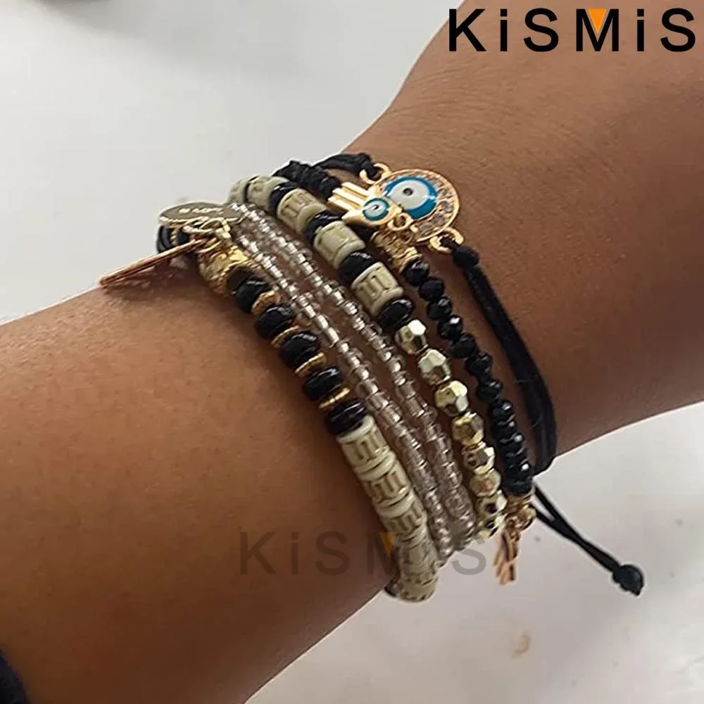 KISMIS 6Pcs/Set Bohemian Stretch Beaded Bracelets Multi Layer Evil Eye Hand Bracelet Bohemian Stretch Stackable Handmade