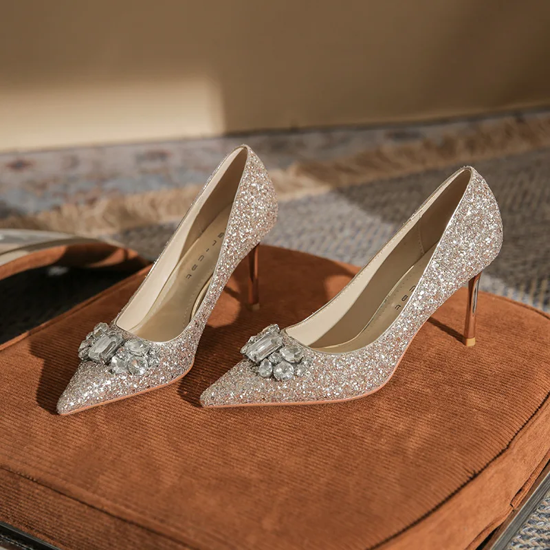 

Bloomsteps High Heels Women's StilettoNew Large Rhinestone Bride Bridesmaid Wedding Shoes Pointed Toe Shallow Mouth Single Shoes