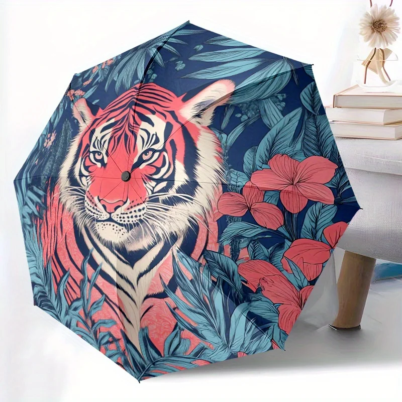

Автоматический зонт с дизайном тигра и тропических джунглей, 1 шт. — ветрозащитный, компактный дорожный зонт с 8-спицевой рамой, P