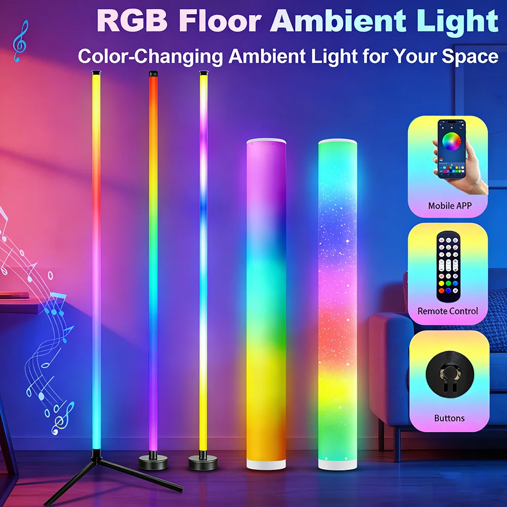 

Светодиодная RGB-подсветка для пола с изменением цвета (L/U/квадратная/круглая/треугольная/180-градусная) ° /360 ° Светодиодный ночник с дистанционным управлением через приложение для гостиной