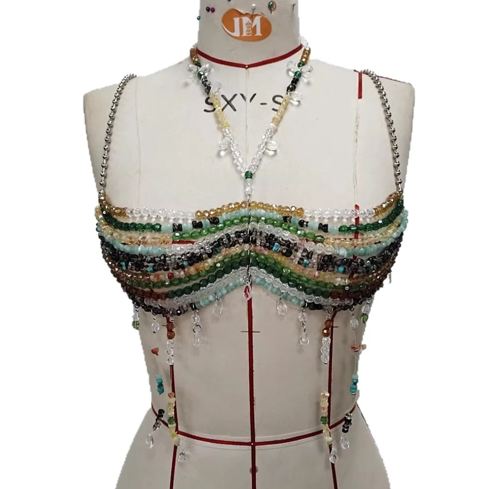 

Многоцветная цепочка для бюстгальтера из акриловых бусин с зелеными камнями, бикини-топ, пляжная одежда, украшение для тела, сексуальные украшения для музыкальных вечеринок, кристаллические бретельки с кисточками