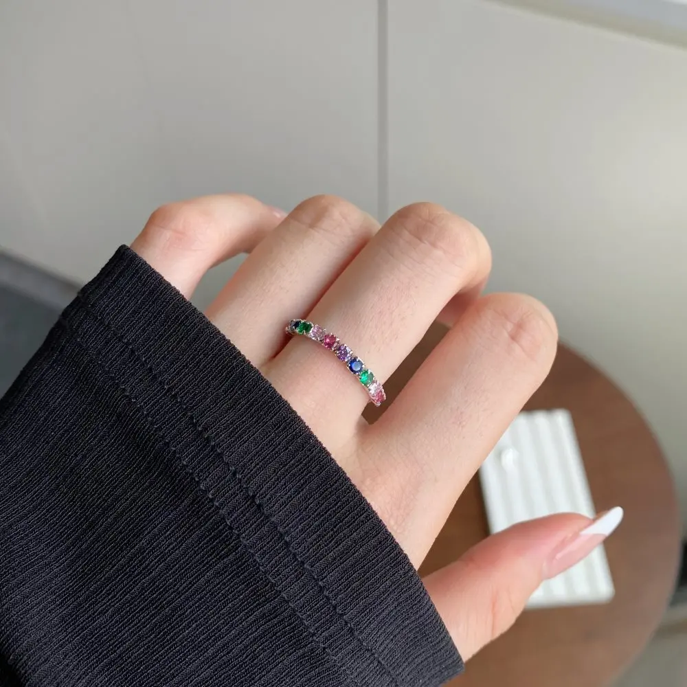 S925 Sterling Silver Full Diamond Colorful Zircon Ring for Female Minority Design Sensory Colorful Diamond Chain Pullout Ring