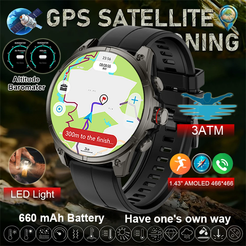ساعة ذكية للرجال مع مصباح يدوي 466*466 AMOLED HD بوصلة GPS دقيقة BT Call 3ATM مقاومة للماء لنظام Android ios Smartwatch 2026
