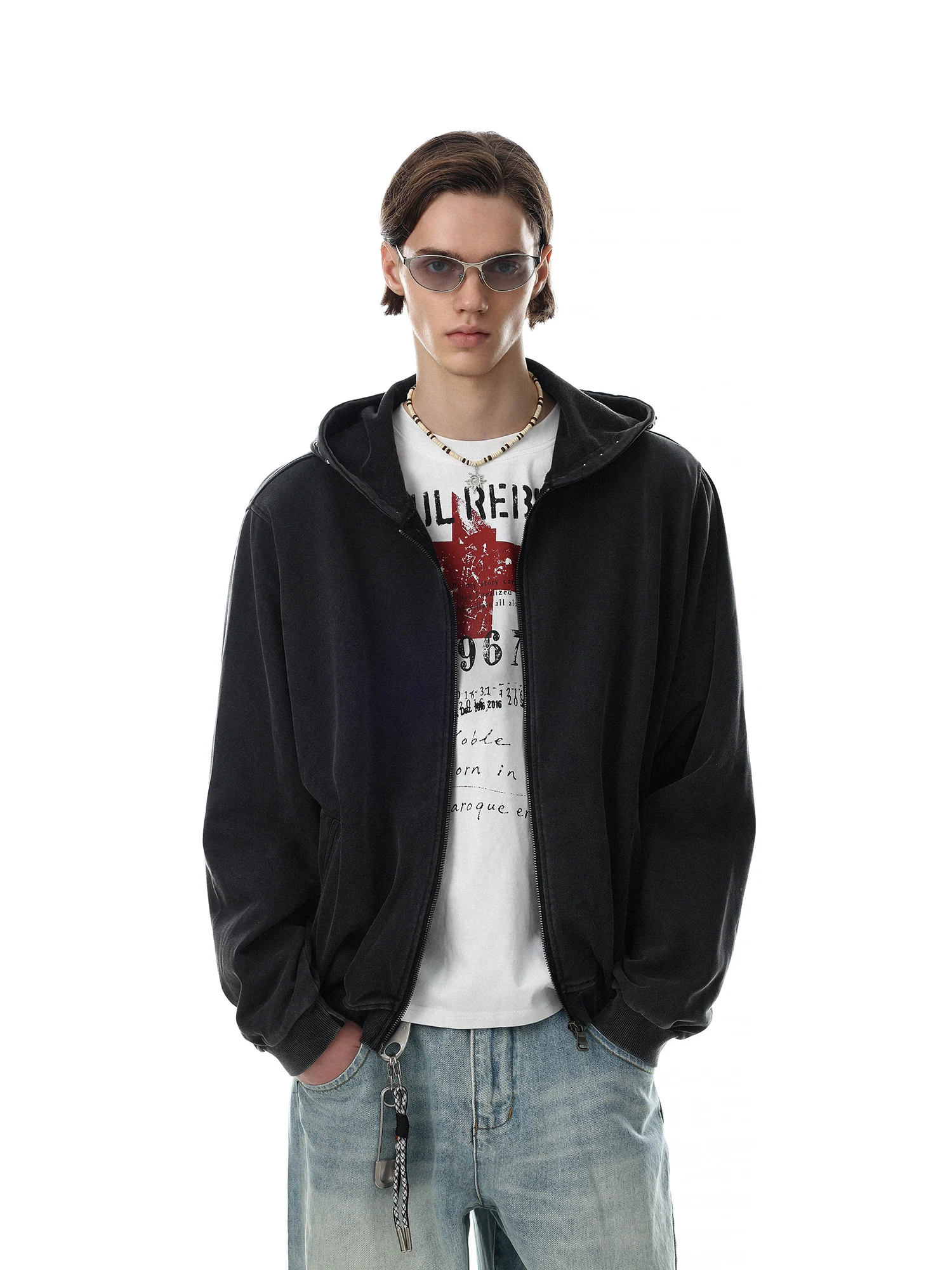 American Retro Rivet Design Hoodie Men's Loose Casual Zipper Open Cardigan Jacket Trendy Cotton Polyester Youth Long Sleeve