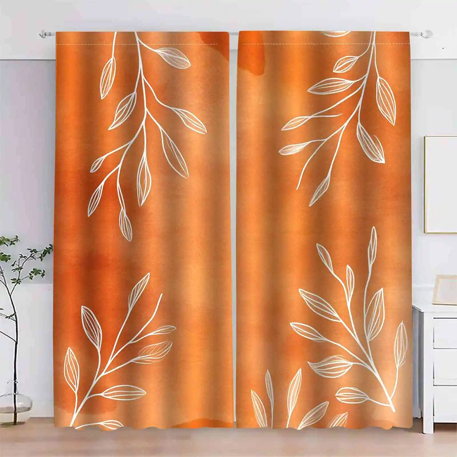2pc Orange halo pattern curtains, polyester fabric, machine washable, suitable for bedroom and living room décor.