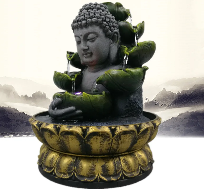 Home Decorations Resin Flowing Water Waterfall Led Fountain Buddha Statue Lucky Feng Shui Ornaments Landscape Decor - view 4