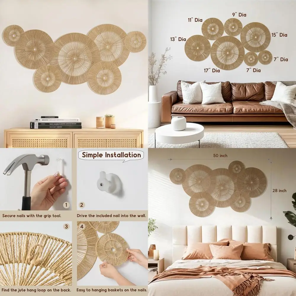 

Набор из 7 круглых корзин в стиле бохо Moko (от 7 до 17 дюймов) - ручная работа, большой настенный декор для спальни или гостиной