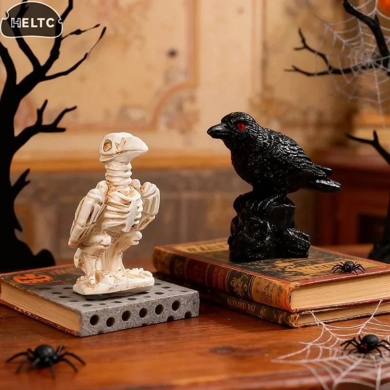Lot de 3 figurines miniatures Crâne Corbeau en résine pour Halloween, décoration de maison/jardin, accessoire de photographie, ambiance d'horreur