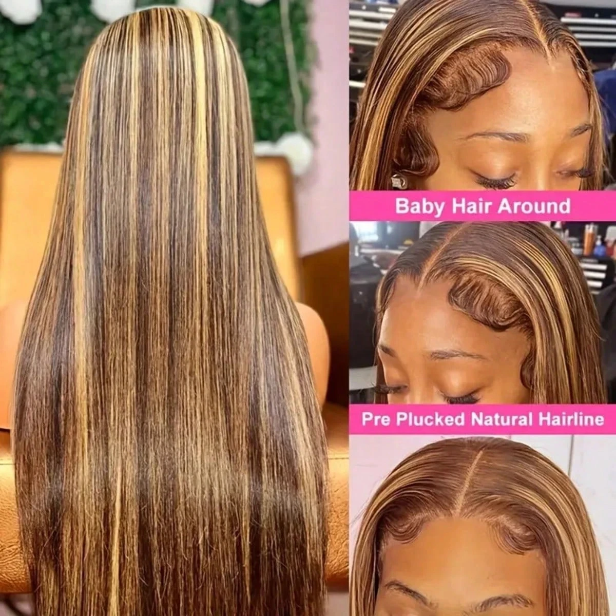 Highlight P4/27 Blended Human Hair Wig - 250% Density Piano Color Straight Hair - Pre-Plucked Hairline And Baby Hair -Ready To Wear Instantly Without Glue - Multiple Sizes Human Hair Wig For Women