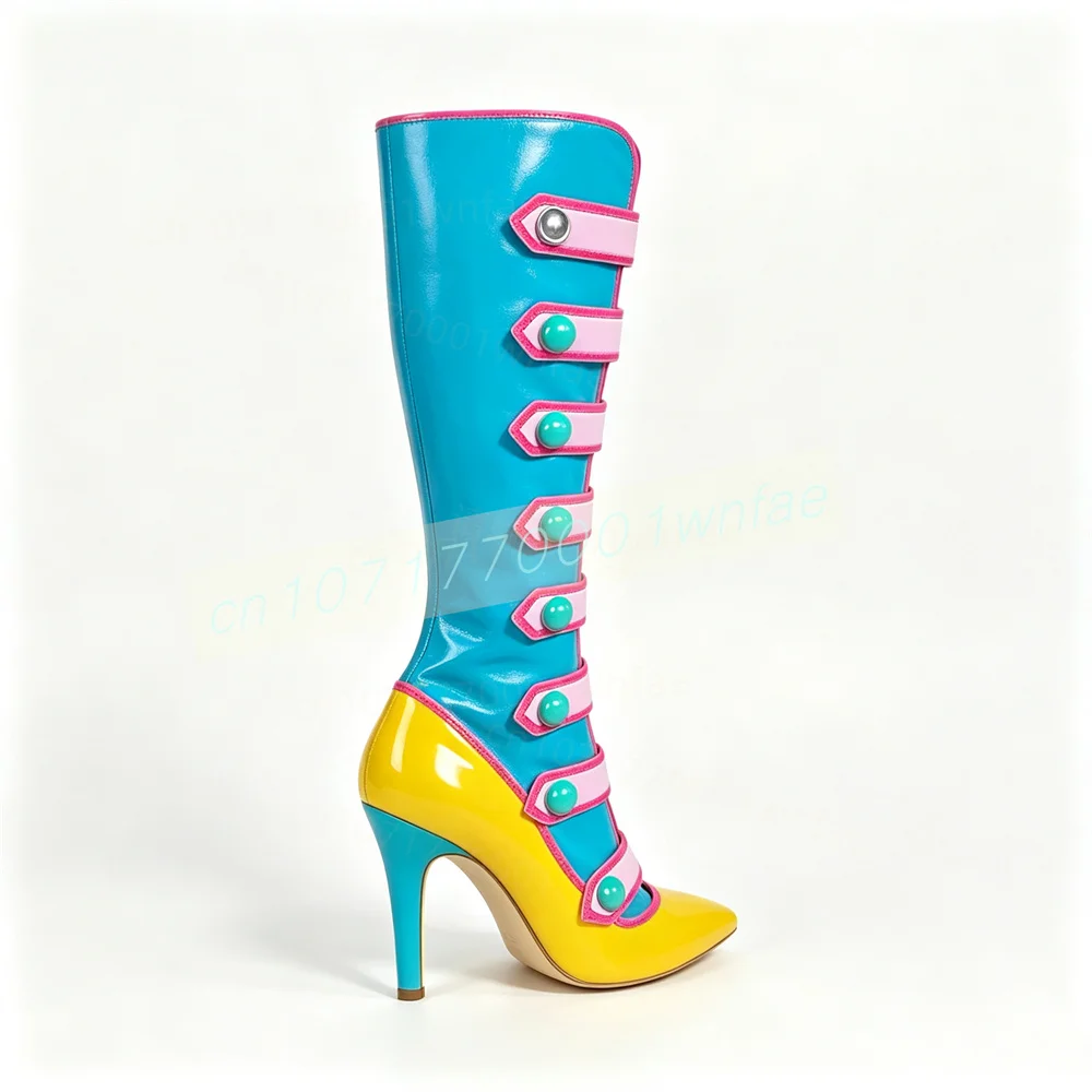 Women Color Block Knee High Boots Glossy Patent Leather Pointed Toe Stiletto Heels Multiple Strap Buckle Cosplay Fashion Shoes