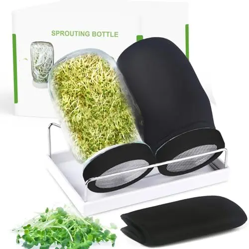 

Organic Sprouting Jar Kit – 2x 32 oz Mason Jars with Stainless Lids, Sleeves & Tray for Microgreens