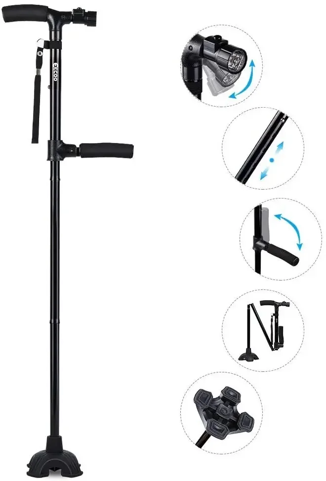 Medical Convenient Two-Handle Walking Cane Lightweight Walking Stick with Adjustable LED Lights and Stable Quad Cane Base