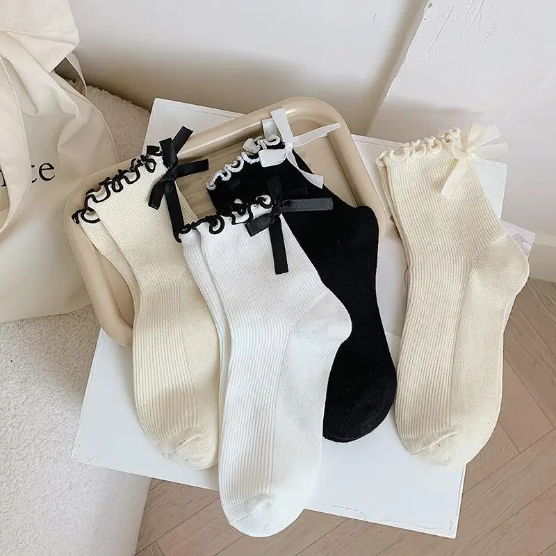 Bow Socks Women Cute Kawaii Mid-tube Frilly Black White Harajuku Lolita Princess Girl Gift Ruffle Sock Ladies Calcetines Mujer