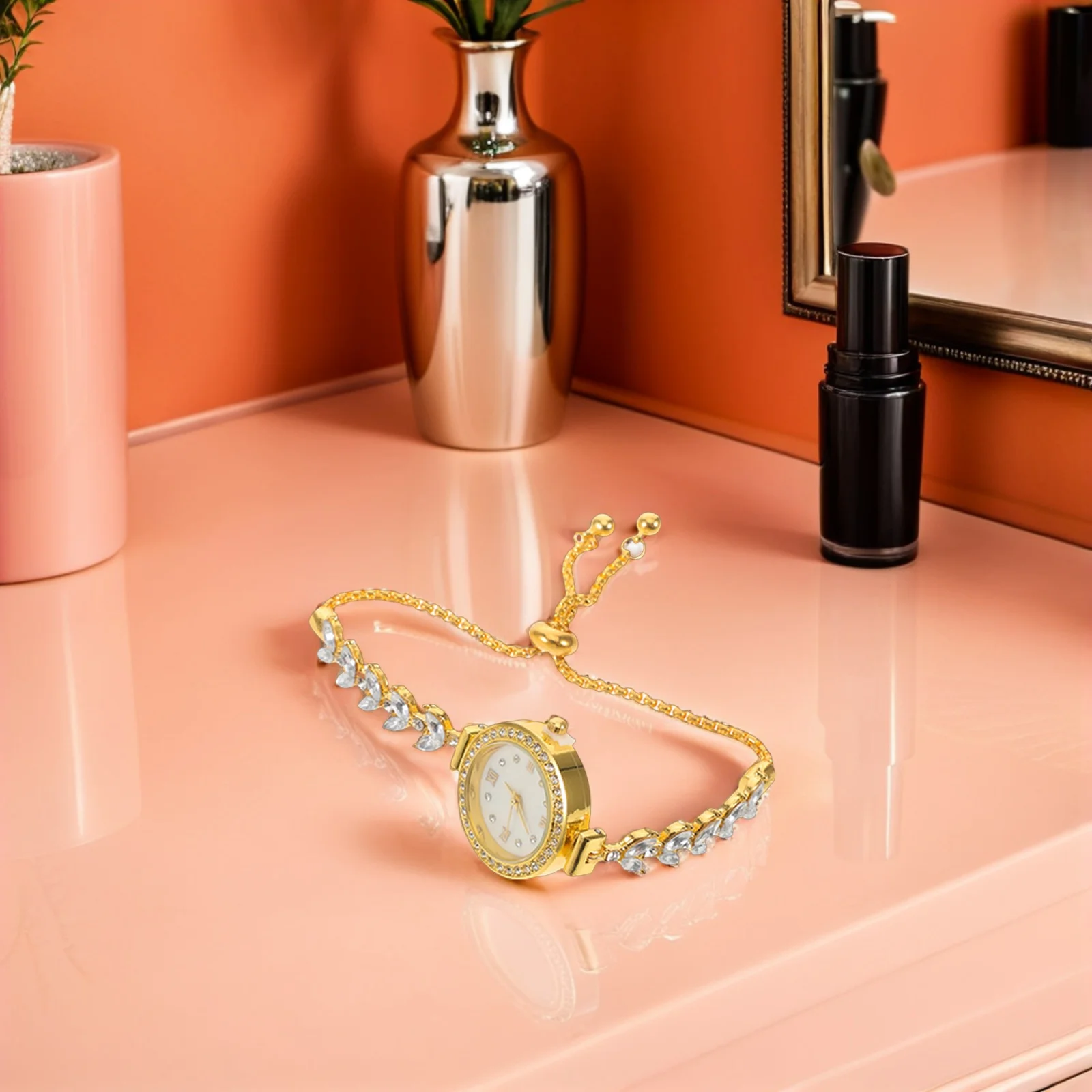 ساعة بسوار من حجر الراين للنساء، وجه صغير نحيف، تناظري كوارتز، فستان، ساعة يد، إكسسوار هدايا عيد الميلاد #1