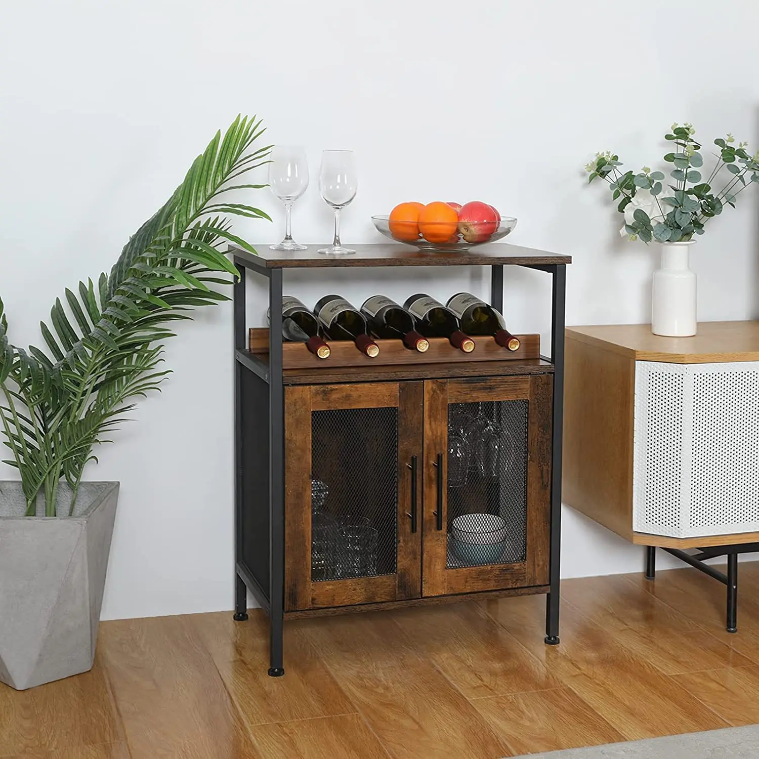 Lockers with freestanding bar cabinets for storing wine and hanging goblets