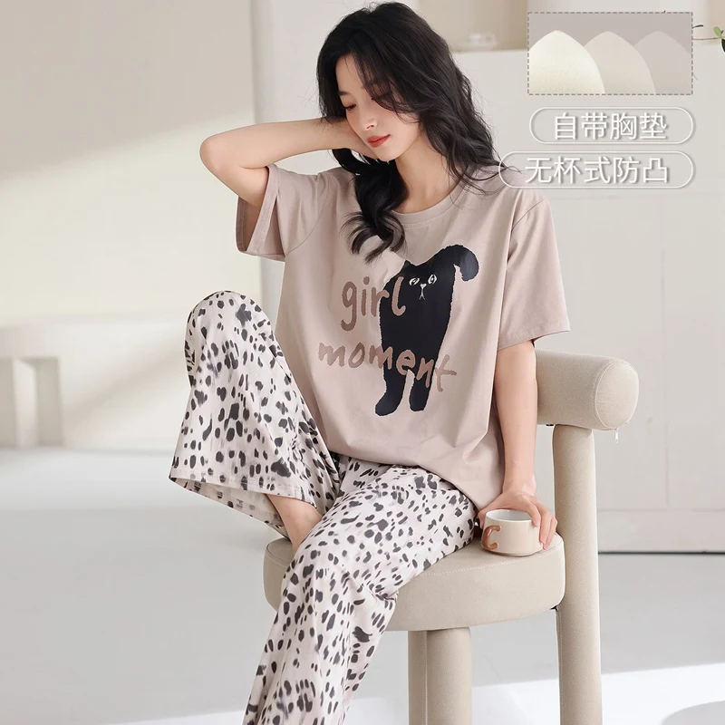 

Новые летние пижамные комплекты с короткими рукавами и длинными брюками из 100% хлопка для женщин, корейская милая пижама с мультяшным принтом, домашняя одежда, одежда для сна, Pijama Mujer