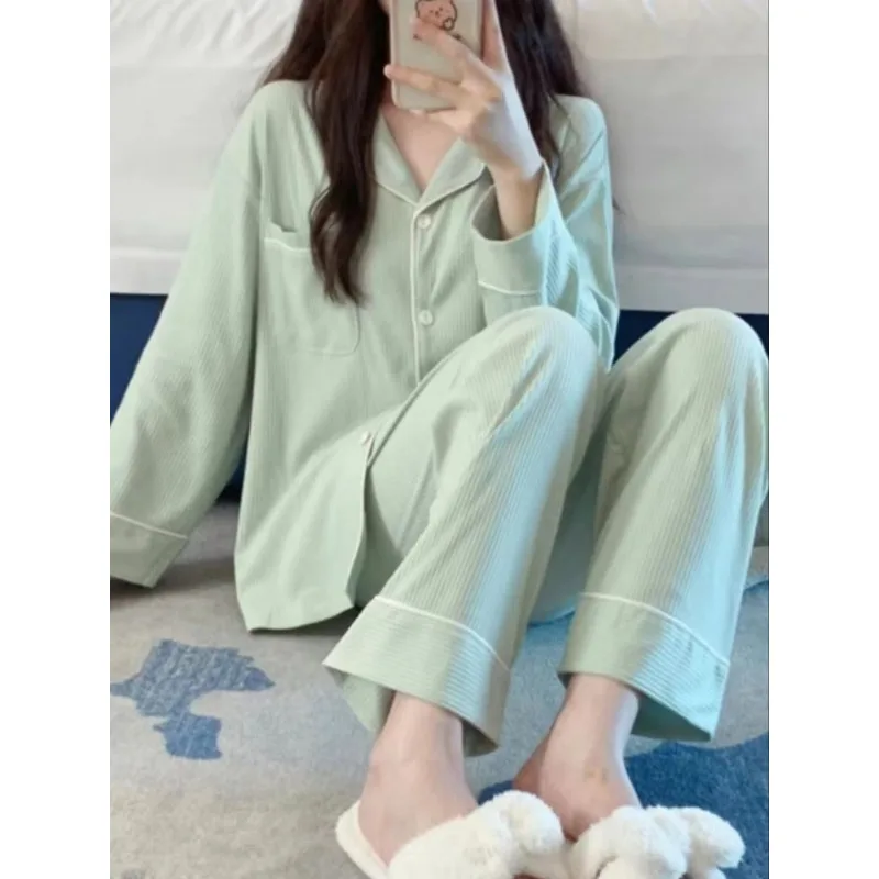 

Girls 2-piece Minimalist Pajamas 2024 Spring Autumn New Cartoon Home Wear Long Sleeve Pants Women Japanese Casual Loungewear Set