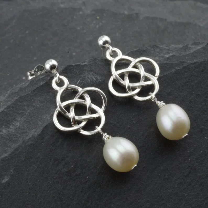 Outlander Celtic Earrings White Freshwater Pearls Sterling Silver. Infinite Love Bridal Gift for Her Inspired by Scotland