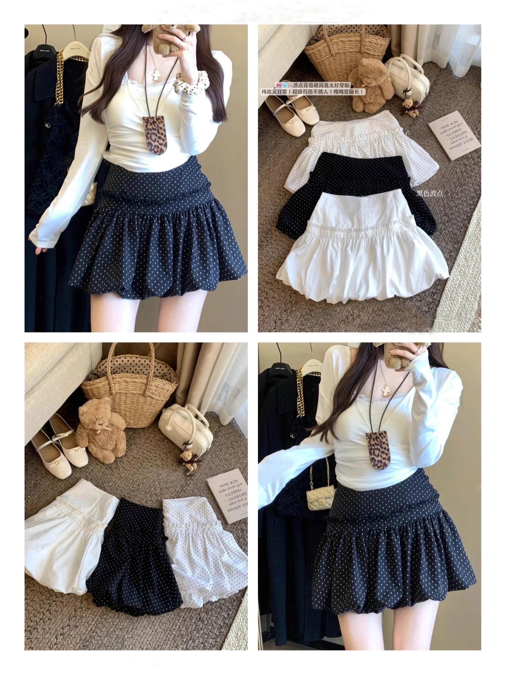 Summer New Polka Dot Half Skirt Women's Flared A-Line  Skirt Sweet Bloom Anti-Light High Waist Korean Style Short Skirt