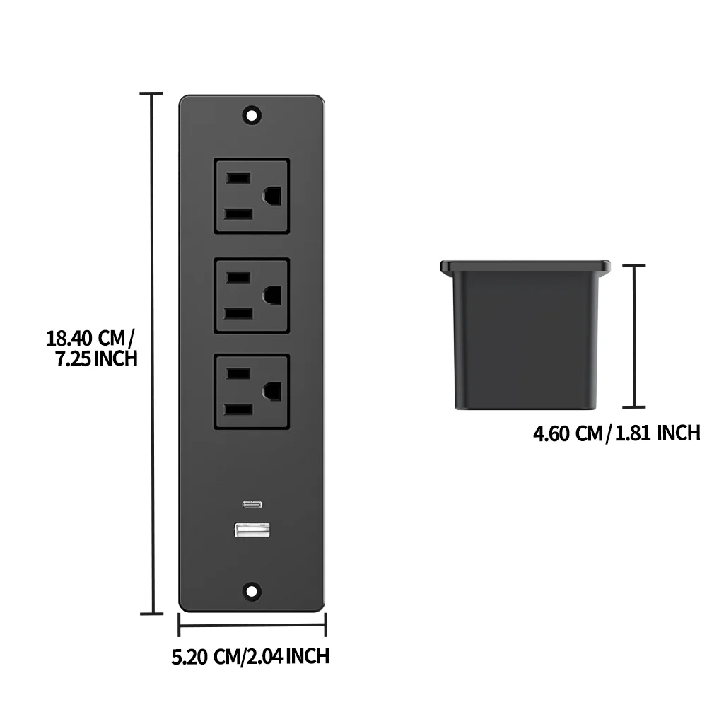 Recessed Power Strip with 3 Outlets 1500W/12A USB C USB A 4.92ft Power Cord for Office Desk Conference Table Sofa Bedside Table