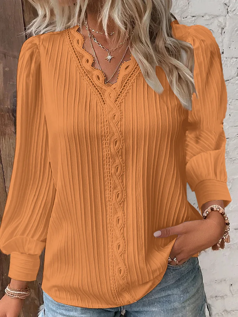 Elegant Summer Hollow Lace Patchwork Women Shirt Chic Blouse V Neck Long Sleeve Shirt Plain Lace Casual Basic Regular Tops