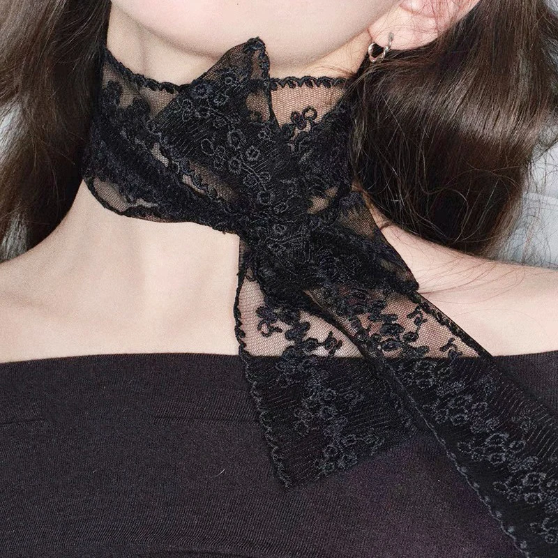 SF 1PC Sweet Flower Lace Neck Strap Dressing Decoration Korean Style Hair Band Neckerchief Transparent Long Ribbon Head Scarf
