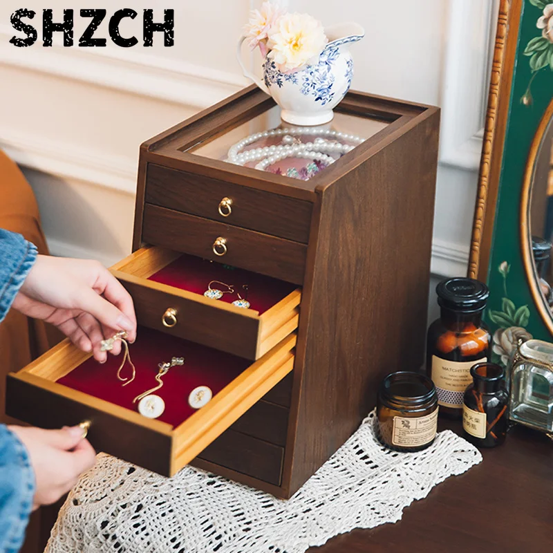 Vintage Wooden Jewelry Storage Box, Multi-Layer Drawer Display Case for Bracelets Beads, Retro Organizer Desktop Showcase