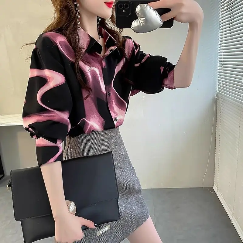 

Fashion Ventilate Chic Spring Blouses Women's Spliced Polo-Neck Tie Dye Contrast Color Loose Single-breasted Long Sleeve Shirts