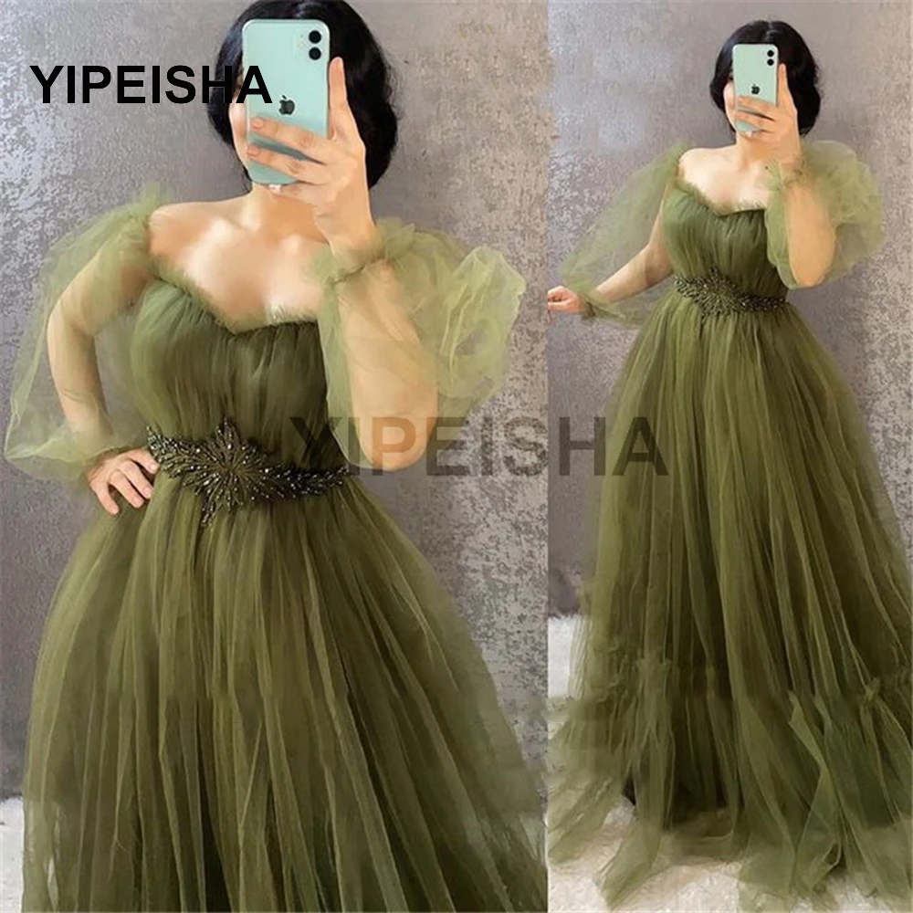 2021 Olive Green Tulle Prom Dresses Puff Long Sleeves Sweetheart Diamond Sash Plus Size Gowns Women Red Evening Dress