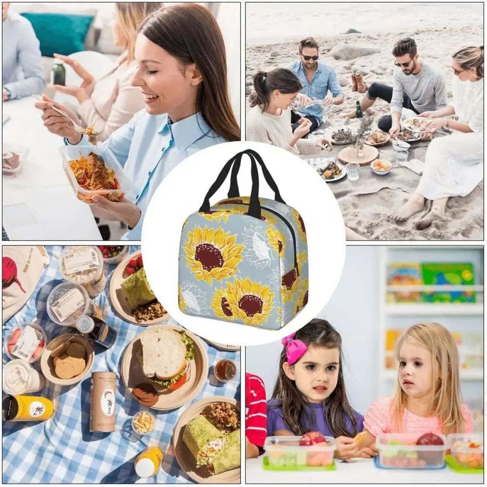 Fiambrera de girasol amarilla reutilizable, bolsa de almuerzo aislada Floral con bolsillo frontal portátil, 8,5x5x8 pulgadas