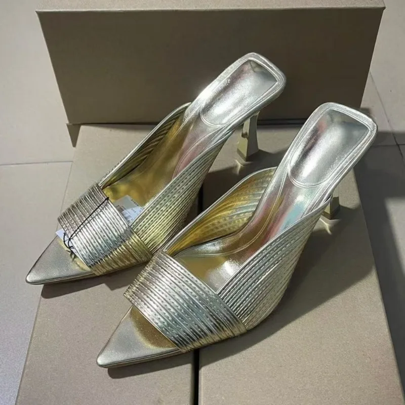 Sexy Peep Toe Wome Mules Shoes Luxury Gold Elegant Daily Wear Slingback Brand Design Summer High Heels Ladies Modern Sandals