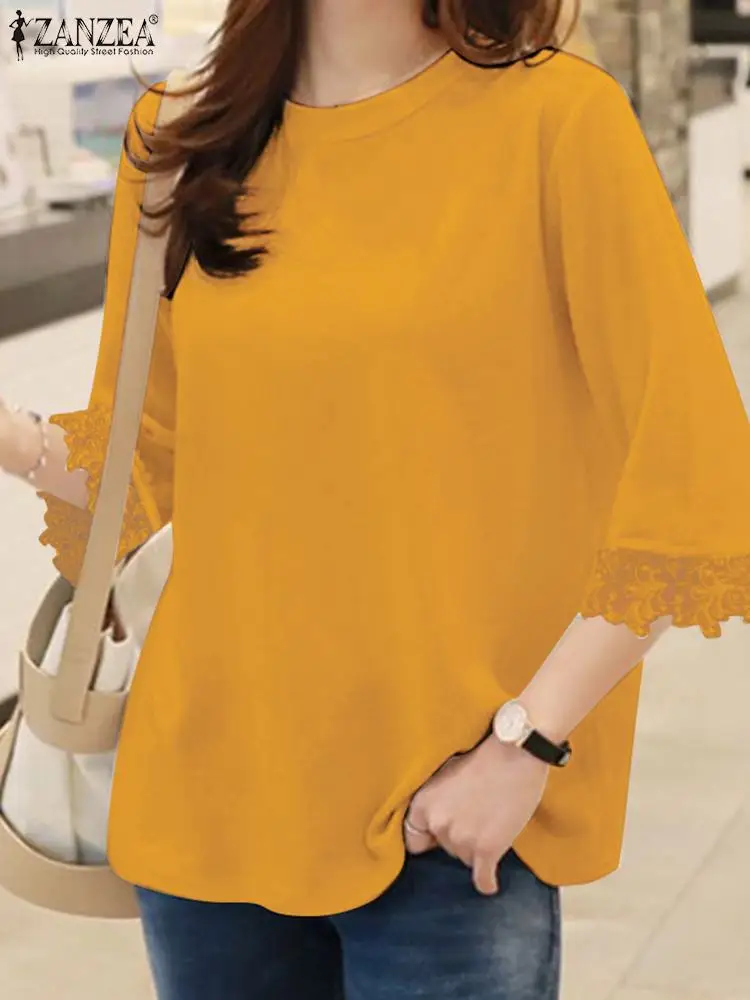 Women Lace Tops ZANZEA 2024 Summer Blouse 3/4 Sleeve Elegant Casual Loose Round Neck Solid Color Fashion Shirts Blusas Feminina