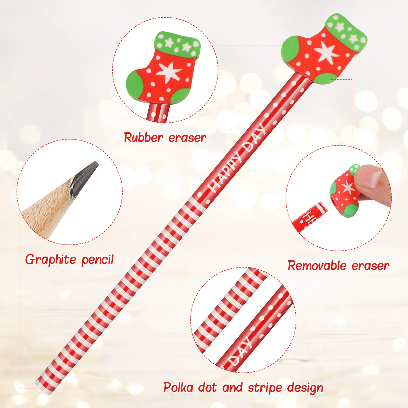 36 Pcs Christmas Decor Eraser Pencil Set Bulk Pencils Kids Gifts Red Wooden Child