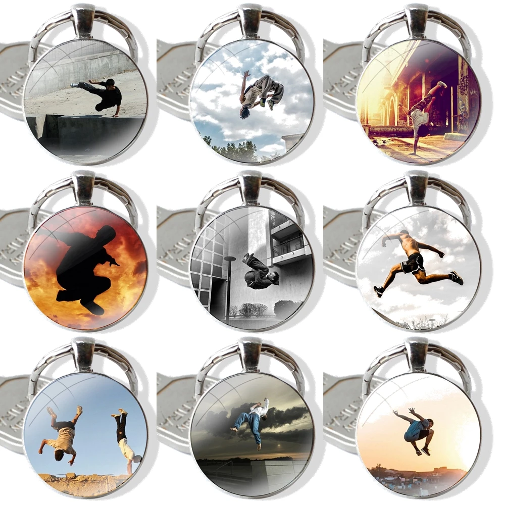 Parkour Keychain Handmade Glass Cabochon Key Ring Holder Pendant Key Chains