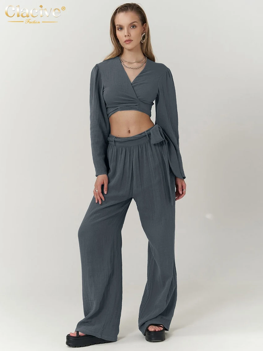 Clacive Set da donna eleganti in cotone grigio allentato casual 2025 Top corto con lacci a maniche lunghe alla moda con pantaloni a gamba larga a vita media