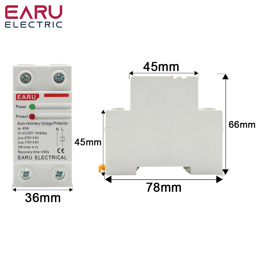 40A 63A 230V Din Rail Automatic Recovery Reconnect Over Voltage Under Voltage Protective Device Protection Relay