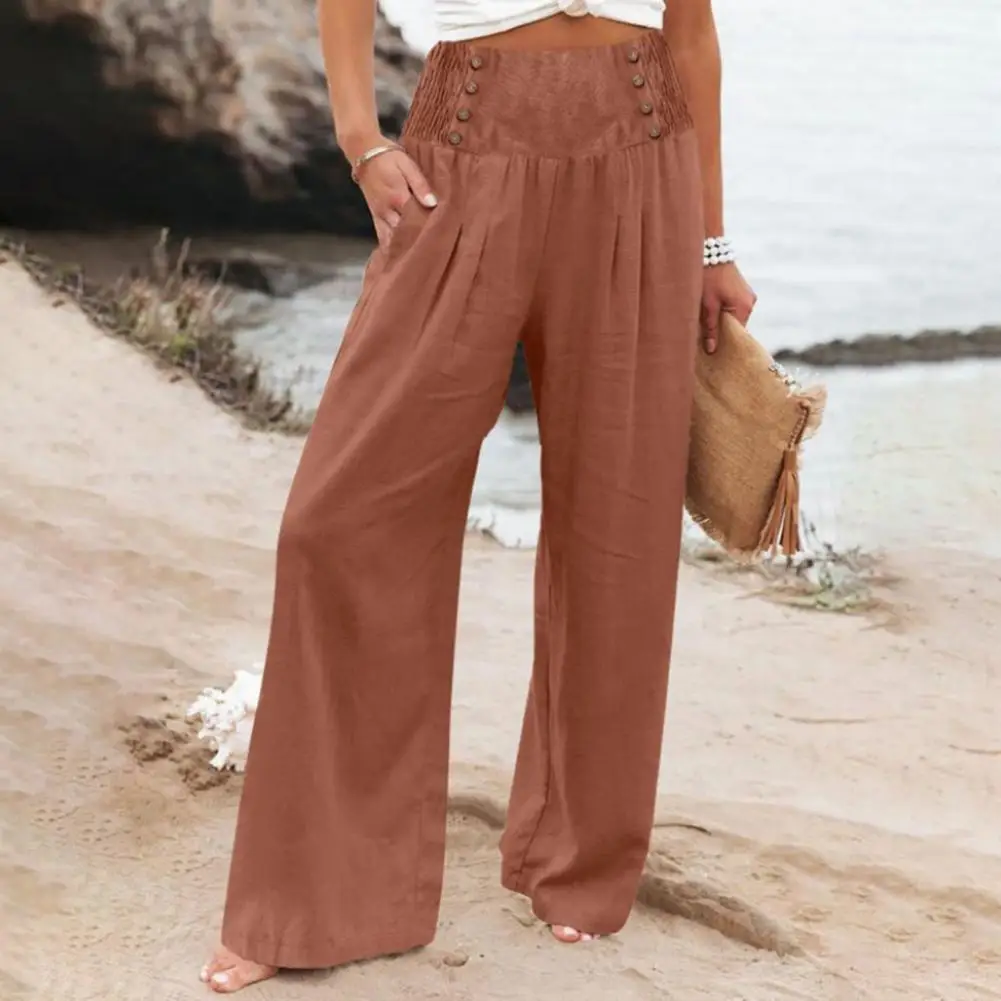 

New loose fitting high waisted button cotton and linen pants from Europe and America, cropped pants, wide leg women's pants