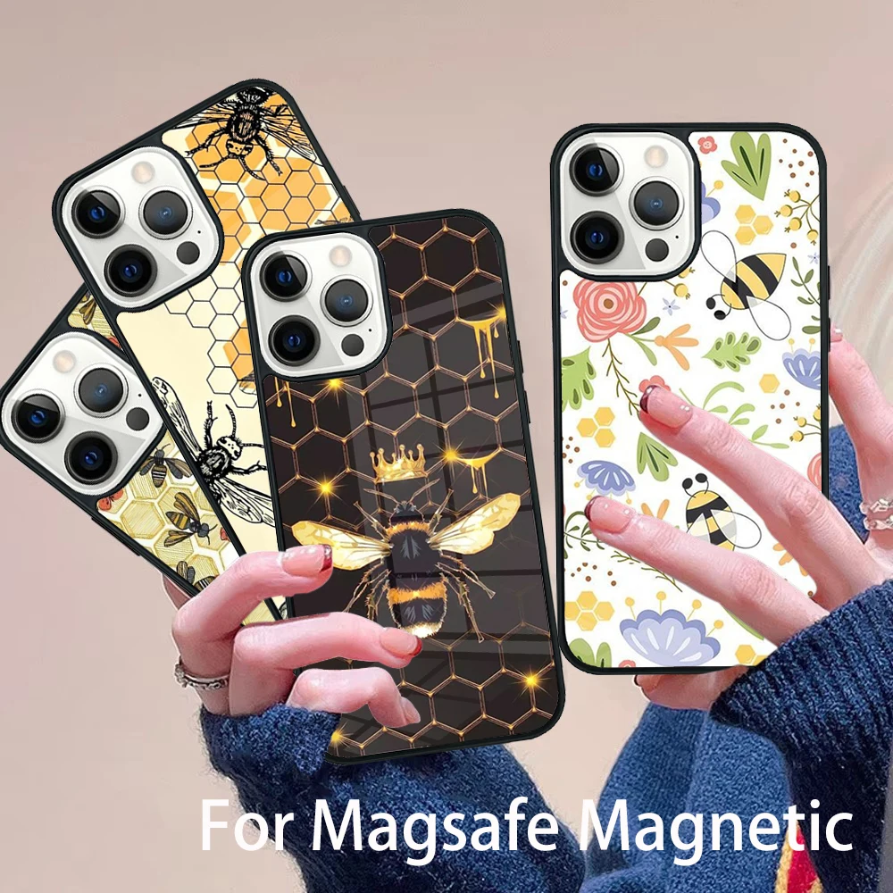 

Honey bee Art Print cute cartoon floral Phone Case Magesafe Magnetic Wireless Cover For IPhone 16 11 12 13 14 15 Pro Max Plus