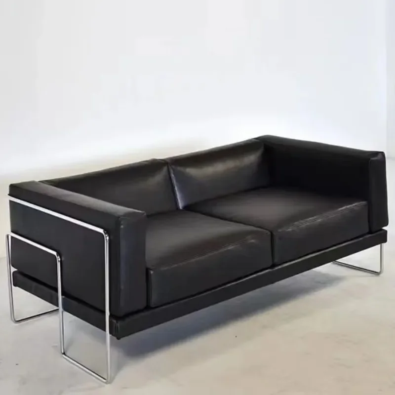 Black light luxury stainless steel leather sofa wabi sabi designer furniture