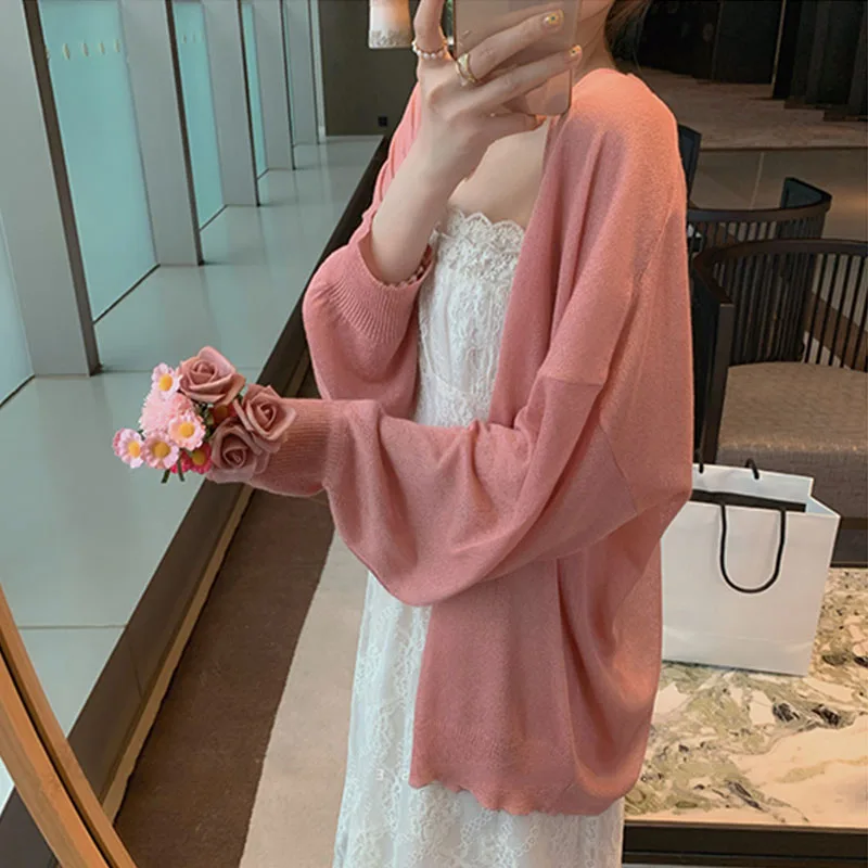 Women's Ice Silk Knitted Open Cardigan Thin Loose Summer Top Small awl Sun Protection Cover up V-Ne Long Sve Coat