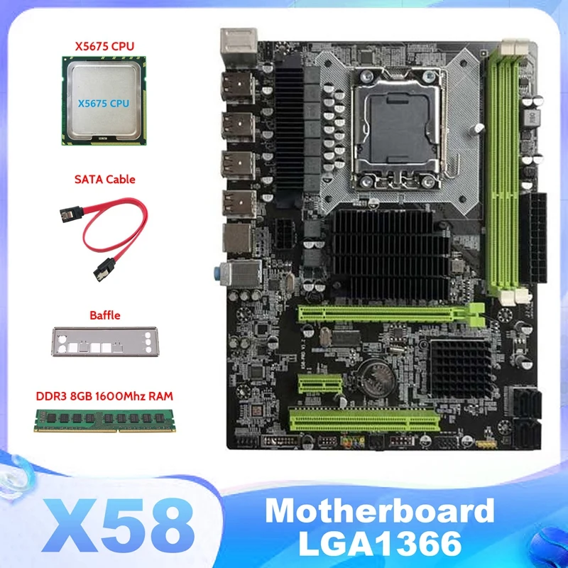 

X58 Motherboard LGA1366 Computer Motherboard Support RX Graphics Card With X5675 CPU+DDR3 8GB 1600Mhz RAM+SATA Cable