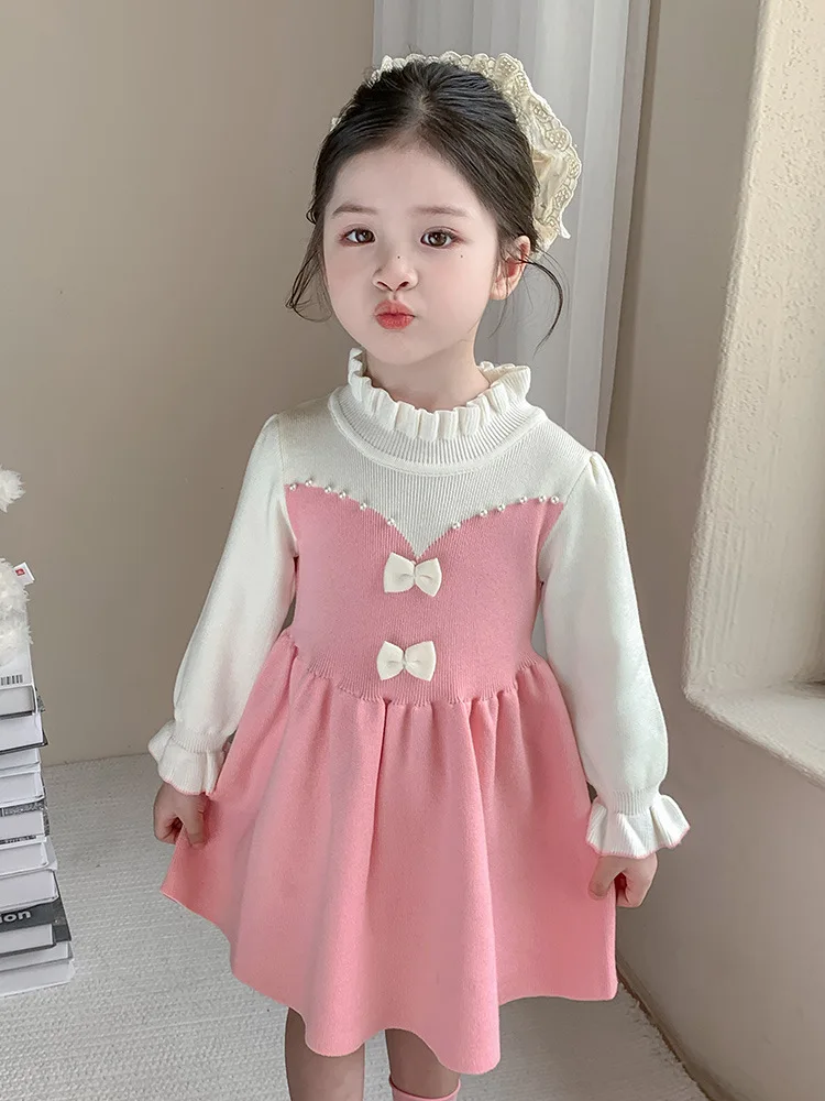 

Girls Sweater Dress Autumn and Winter Clothes2025New Style Children's Fashionable Girl Baby Fake Two-Piece Knitted Princess Dres