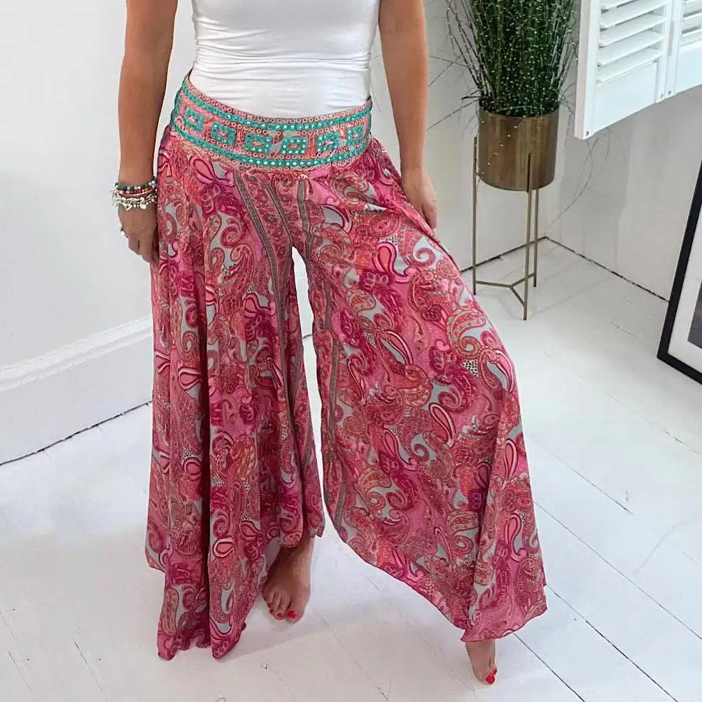 Calça comprida feminina de perna larga cintura alta, calça casual de verão culottes estampa retrô, calças de praia soltas, roupa de rua elástica