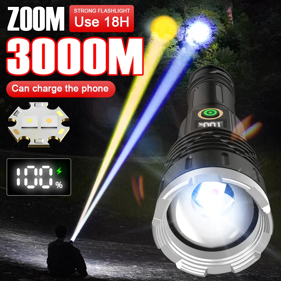 2*800W High Power Rechargeable LED Flashlight Yellow White Tactical Torch Ultra Powerful Flashlight Long Range Outdoor Hand Lamp