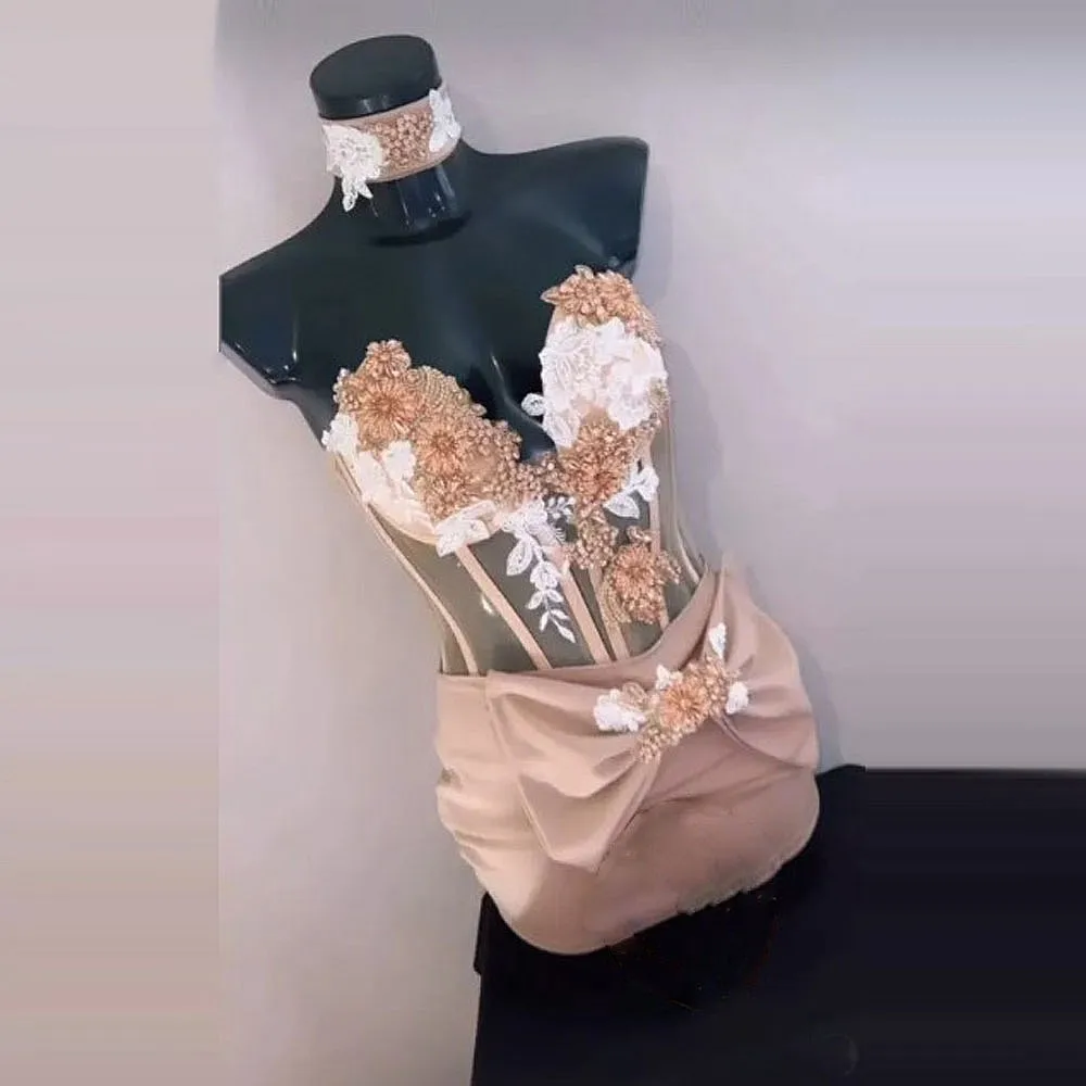 

Sexy Short Cocktail Dresses With Flowers Appliques Beads Sequins Mini Birthday Party Gowns Exposed Boning Bow Mermaid Prom Dress
