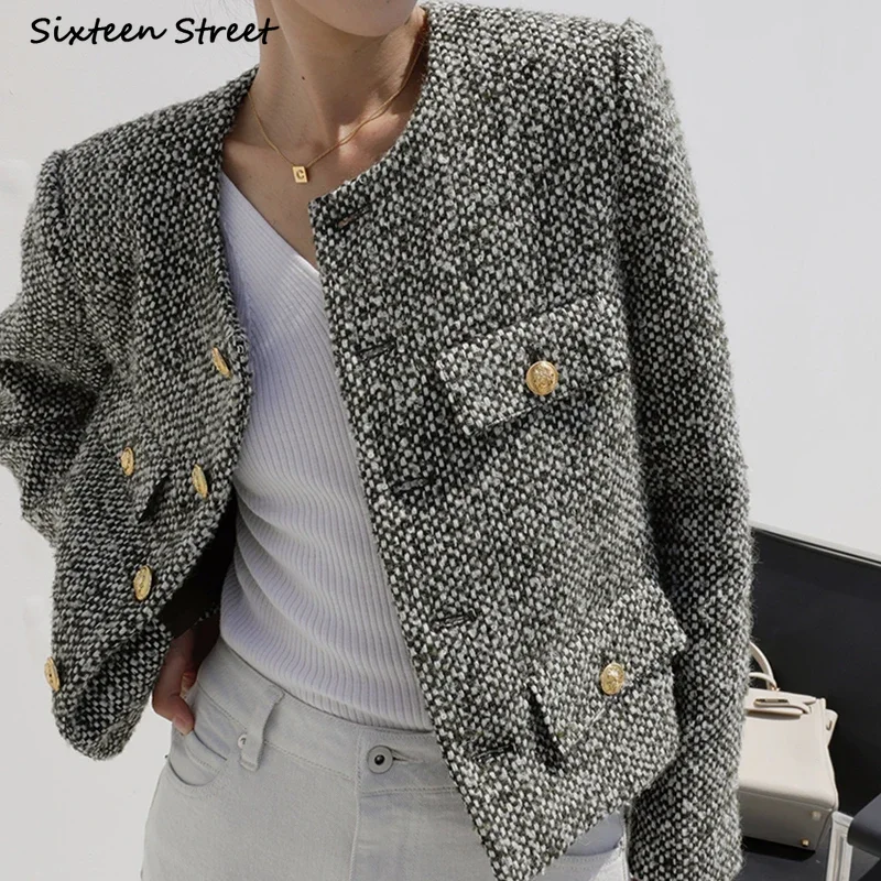 Golden Button Tweed Jackets for Women O-neck Spring Black Elegant Woolen Jacket Women Outfit Business Autumn Coat