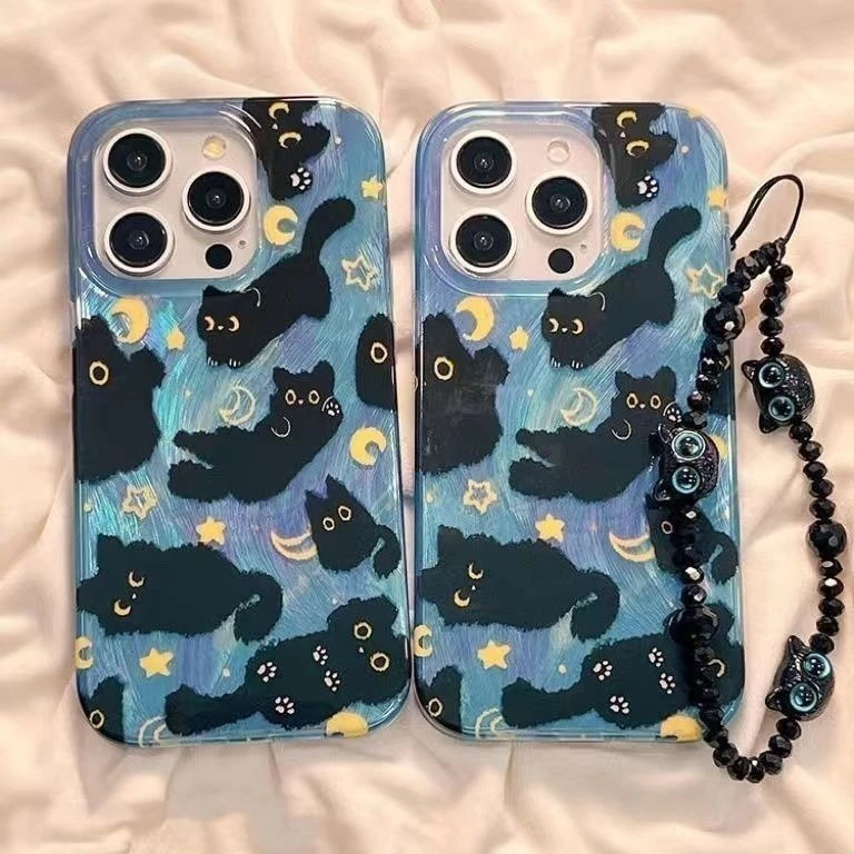 Cartoon Dreamy Moon Cute Cat Doodle Phone Case for Samsung Galaxy S25 S24 S23 S22 FE Ultra Plus 4G 5G Feather Texture Back Cover - náhled 2